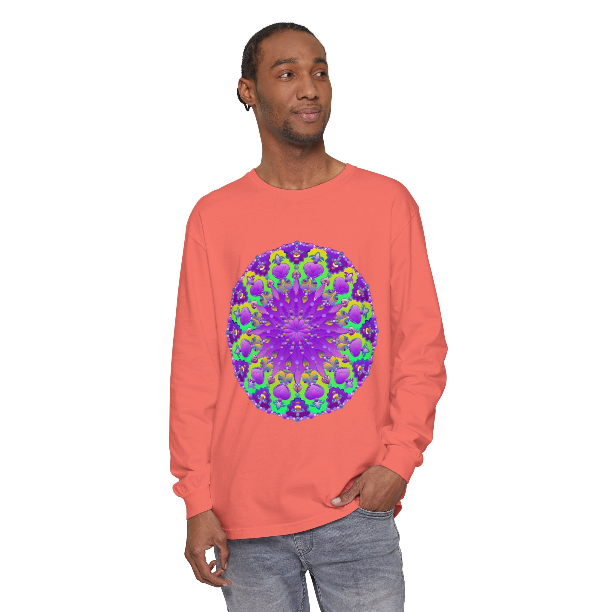 Vibrant purple and green mandala design long sleeve t-shirt for women