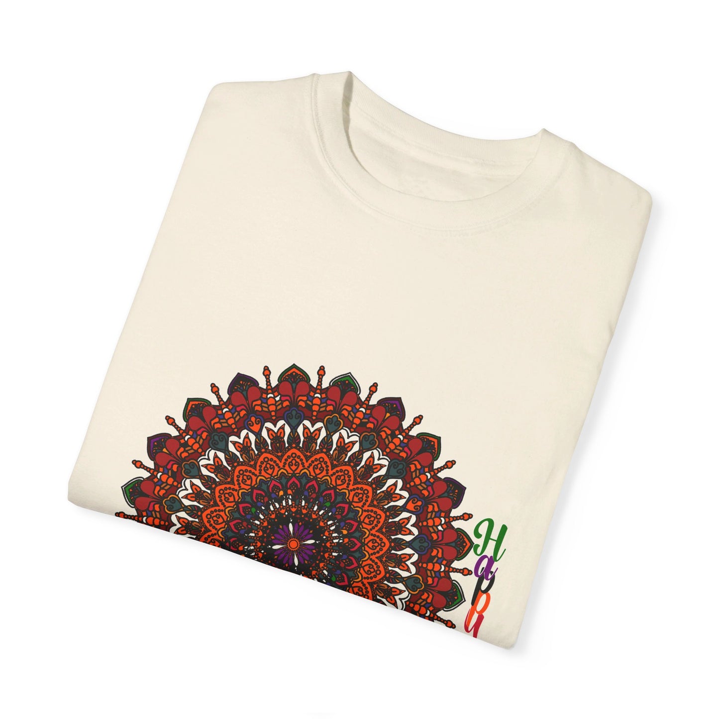 Handmade unisex Halloween mandala t-shirt with pumpkin mandala art on garment-dyed tee