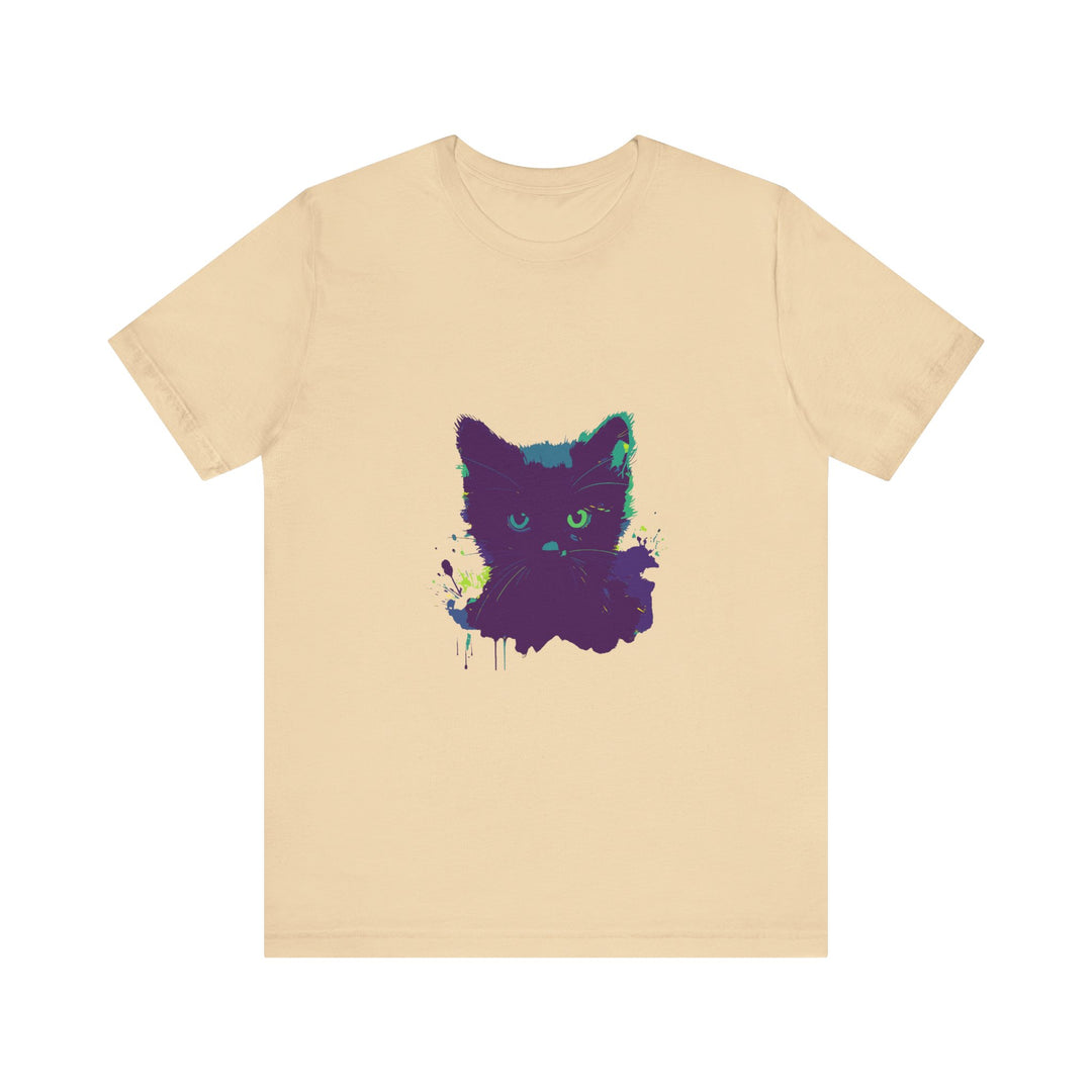 A vibrant and eye-catching watercolor t-shirt featuring a mysterious black cat