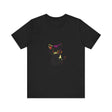 A close-up image of a black t-shirt with a neon outline of a mysterious cat, featuring glowing eyes and an enigmatic expression