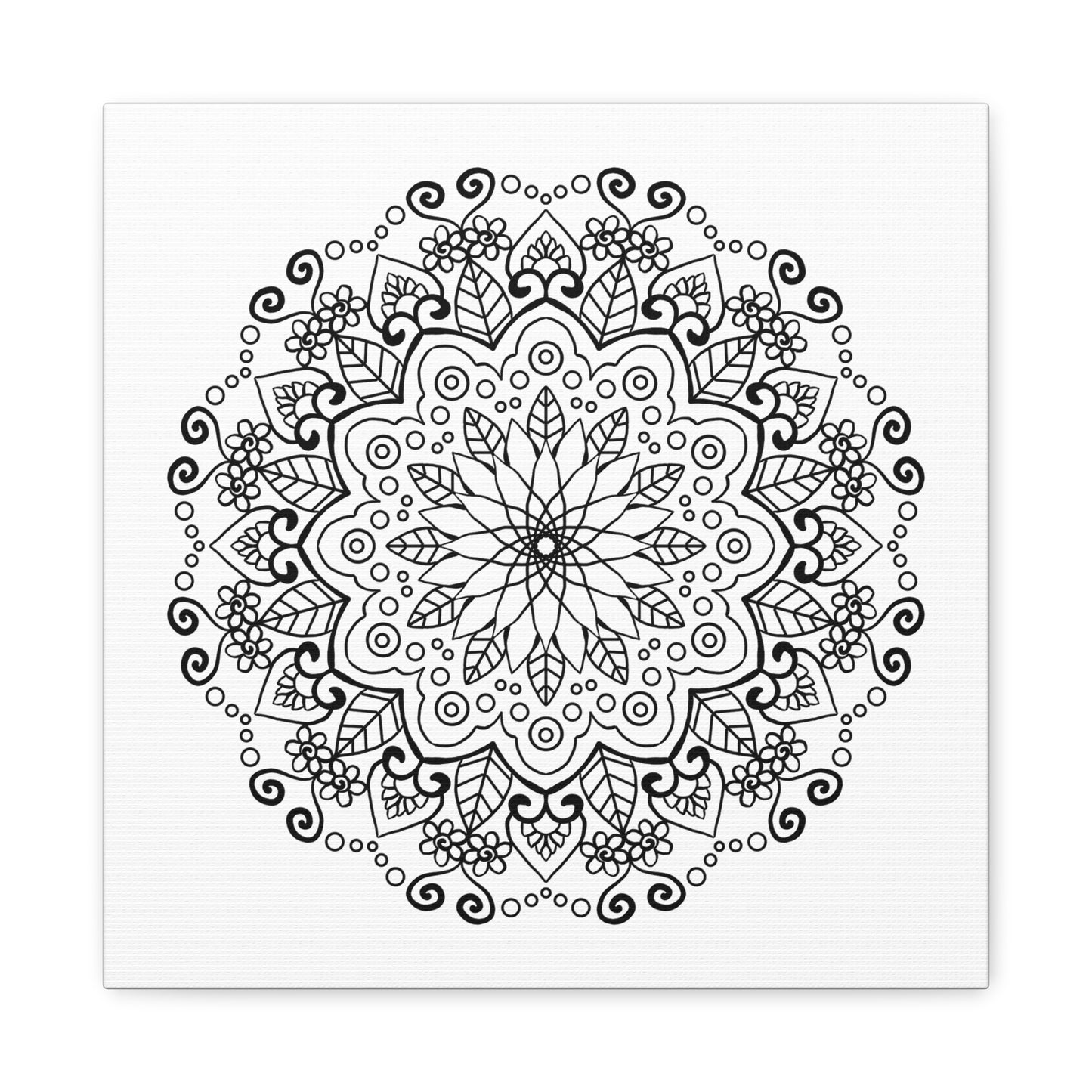 Handmade black and white mandala art on matte canvas, stretched and 125 inches thick