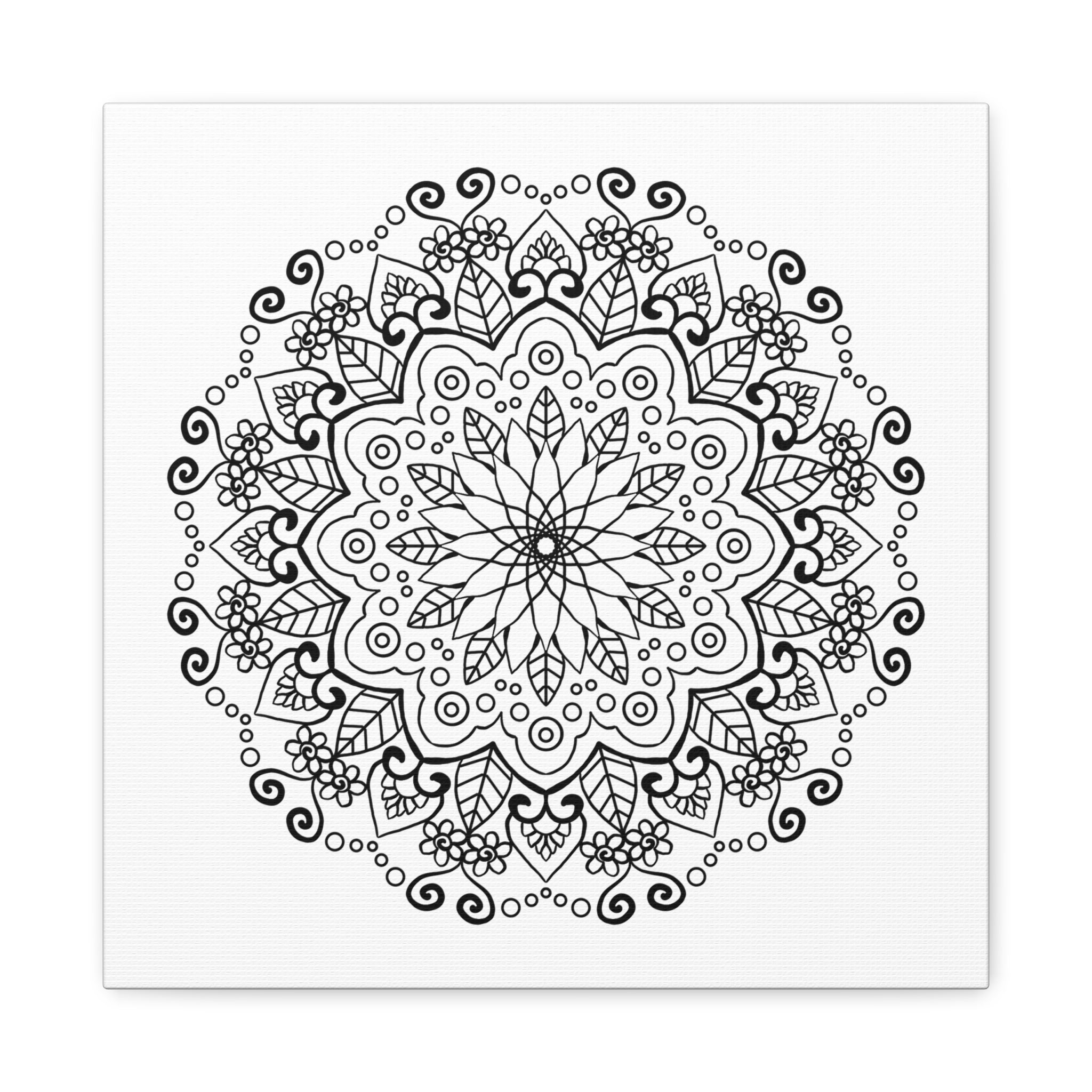 Handmade black and white mandala art on matte canvas, stretched and 125 inches thick