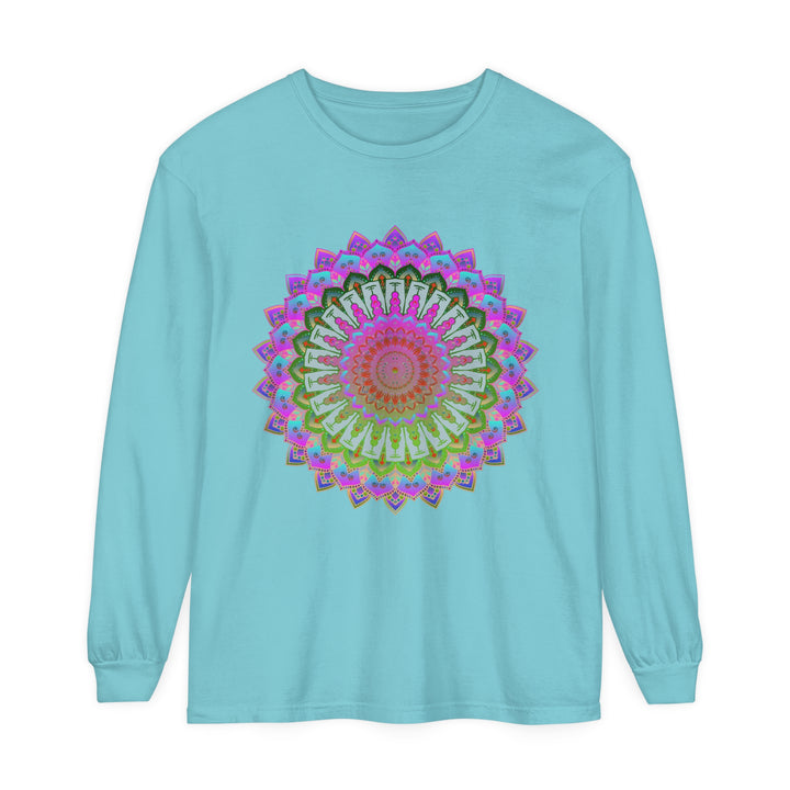 Colorful and intricate mandala design on a unisex long sleeve T-shirt