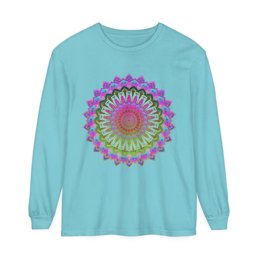 Colorful and intricate mandala design on a unisex long sleeve T-shirt