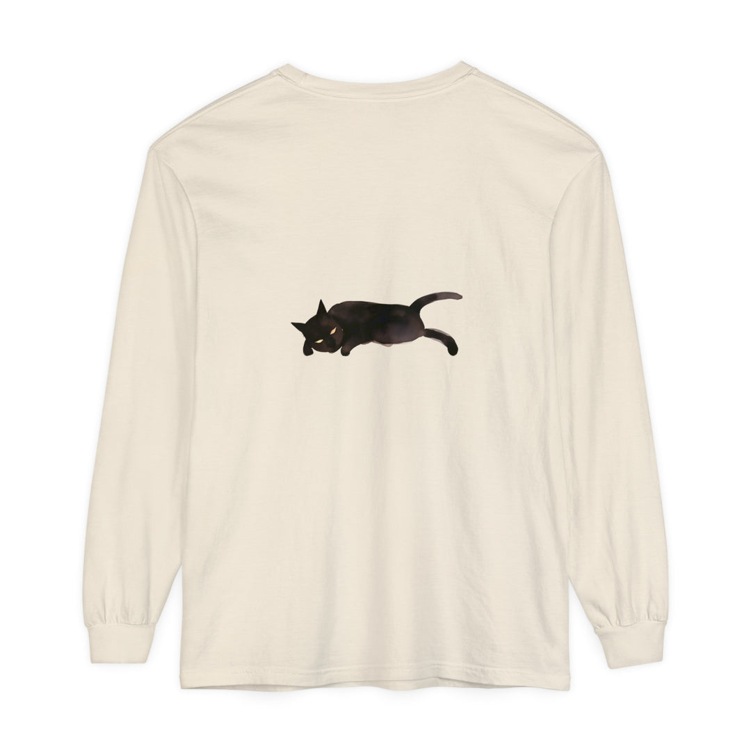 Sleeping black cat design on a unisex long sleeve t-shirt in black color