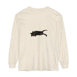 Sleeping black cat design on a unisex long sleeve t-shirt in black color