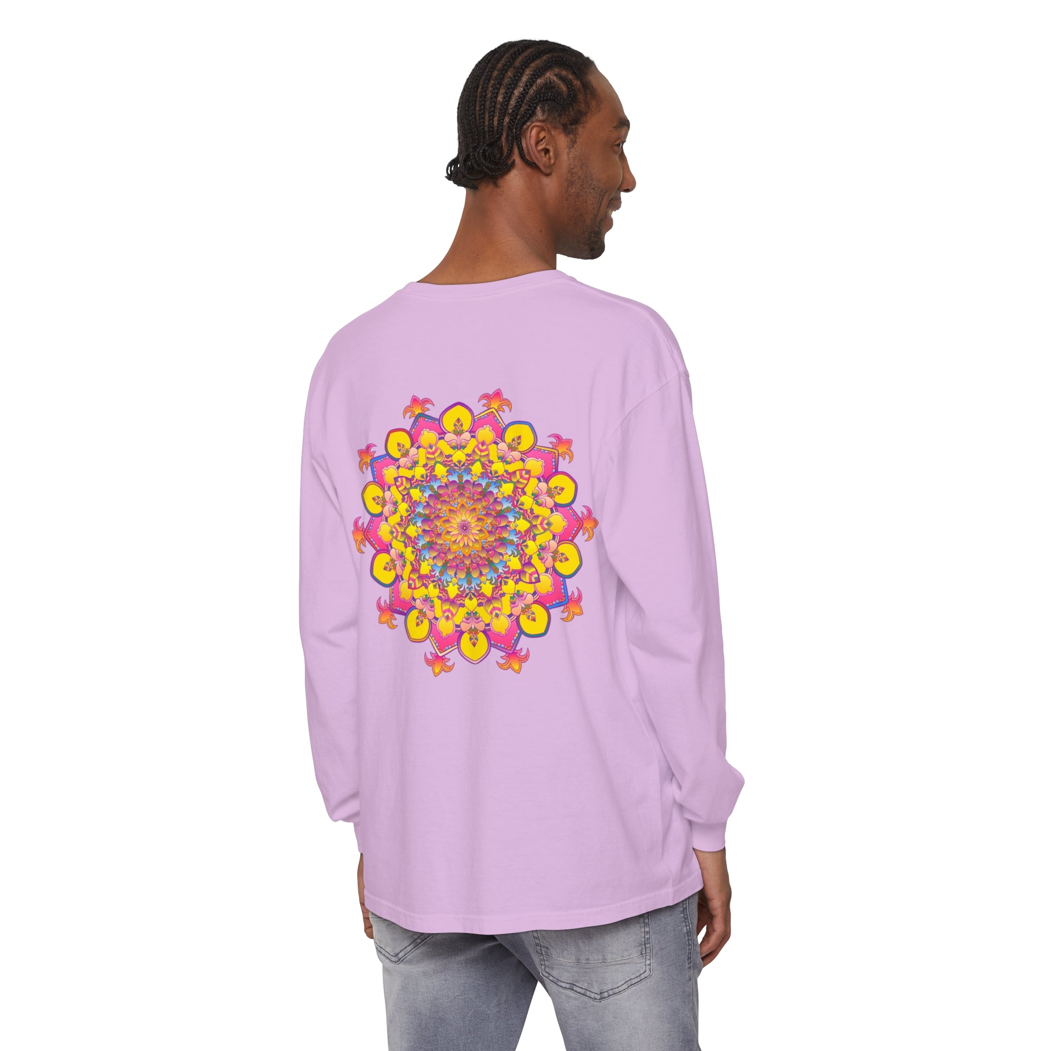 Colorful and intricate mandala design on a unisex long sleeve t-shirt