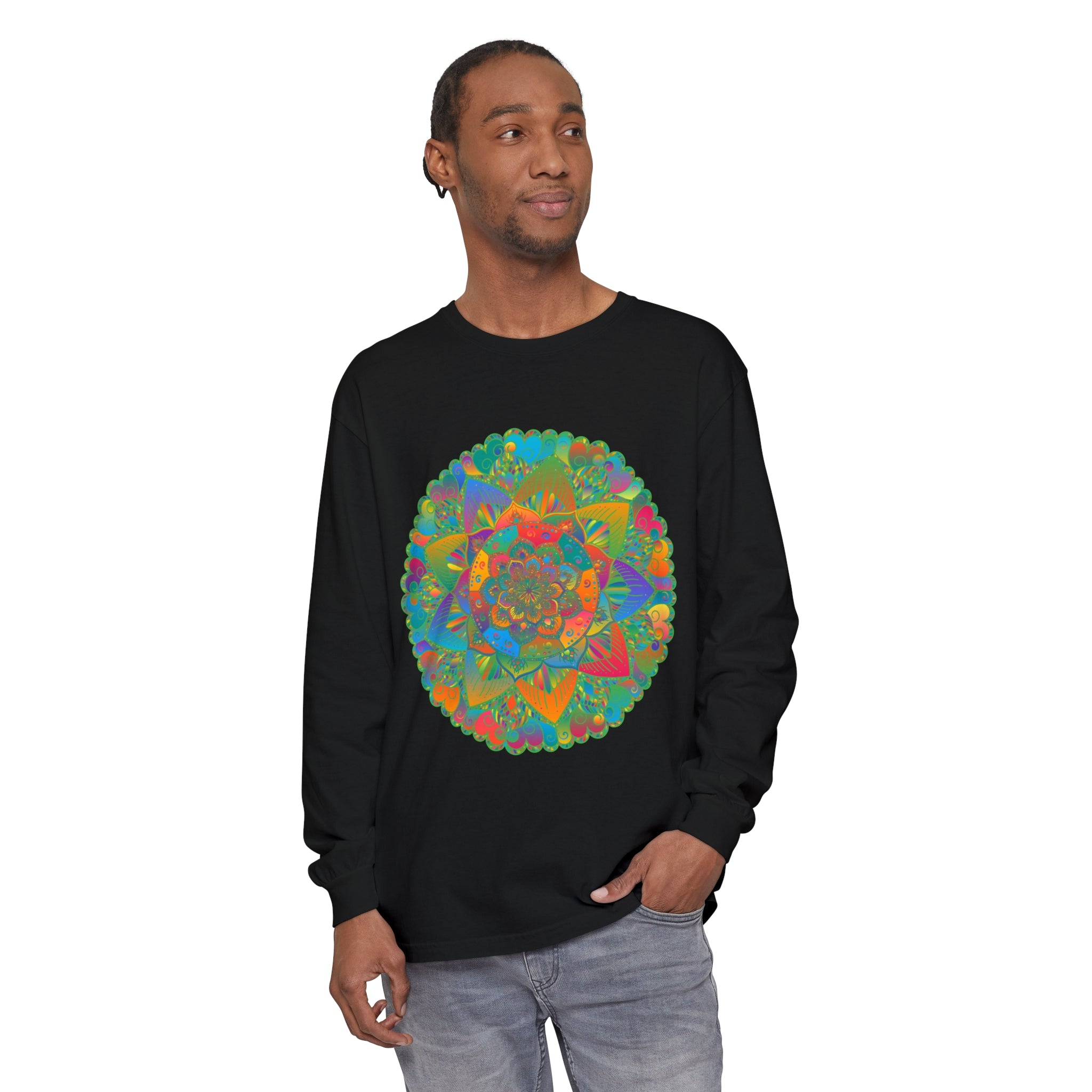 Vibrant Mandala Unisex Long Sleeve T-Shirt in Blue and Purple