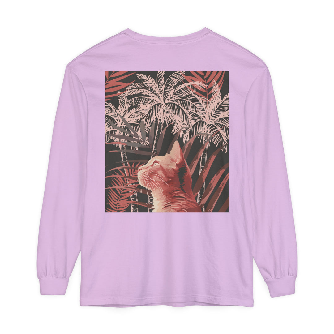 A stylish white t-shirt featuring a playful ginger cat and palm tree design