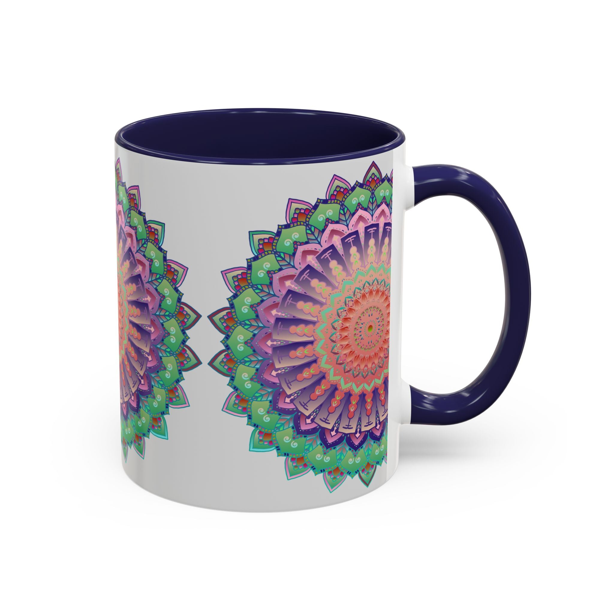 A beautiful and vibrant mandala art mug with a colorful floral design