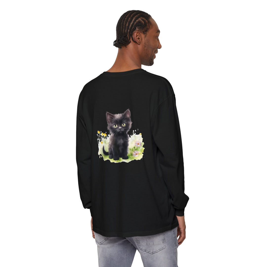 Adorable black kitten sitting in a colorful flower garden printed on long sleeve t-shirt