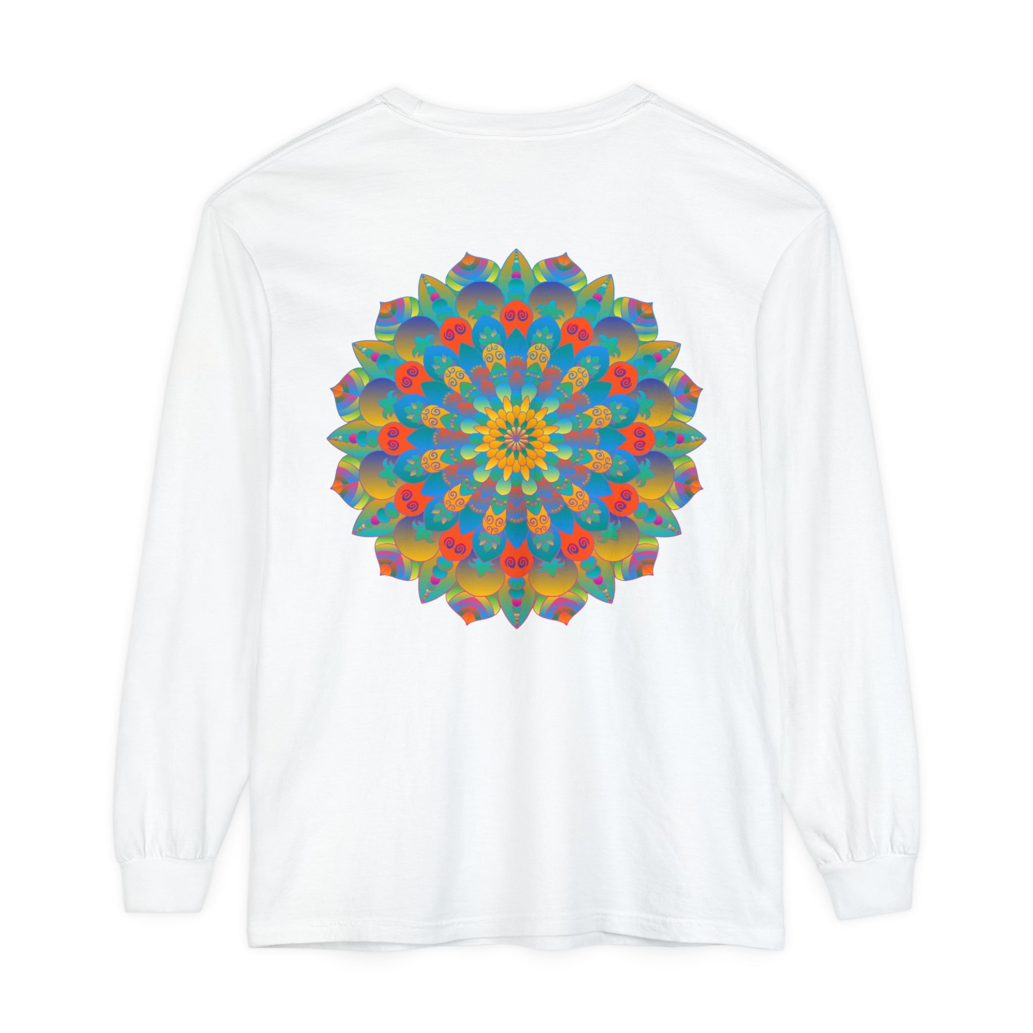 Colorful and intricate mandala design long sleeve t-shirt, suitable for both men and women, adds vibrancy to any outfit