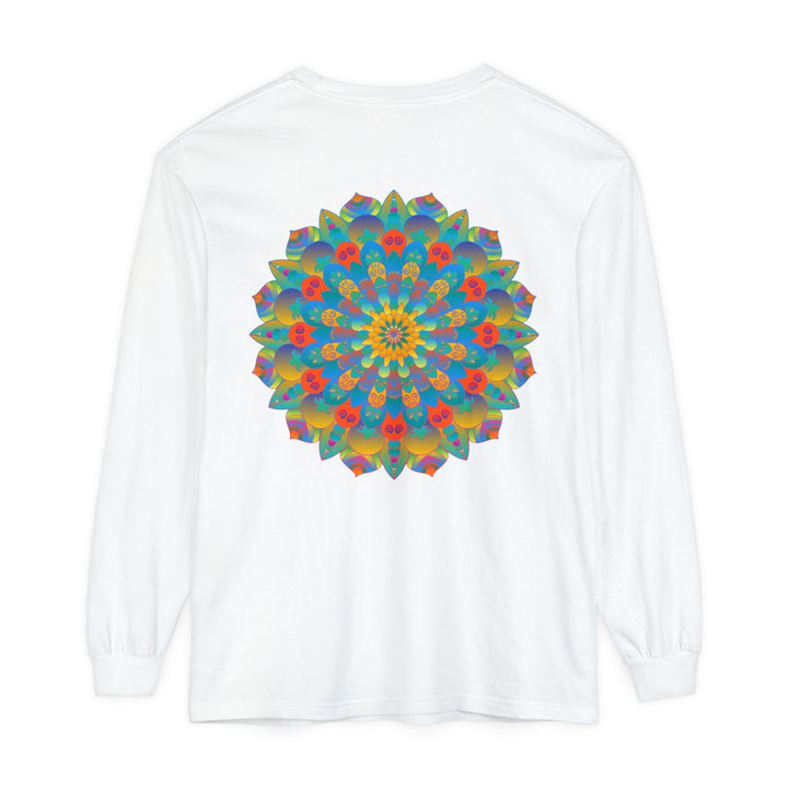 Colorful and intricate mandala design long sleeve t-shirt, suitable for both men and women, adds vibrancy to any outfit