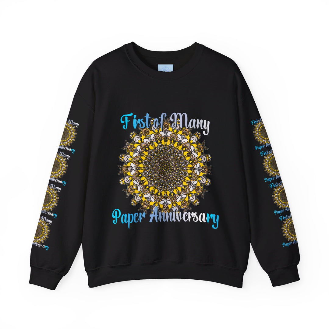 A unisex heavy blend crewneck sweatshirt with First of Many, Paper Anniversary design for first year wedding anniversary gift