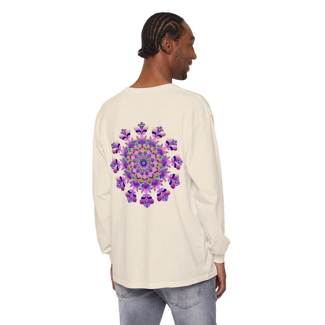 Unisex long sleeve t-shirt featuring an intricate mandala design in vibrant colors