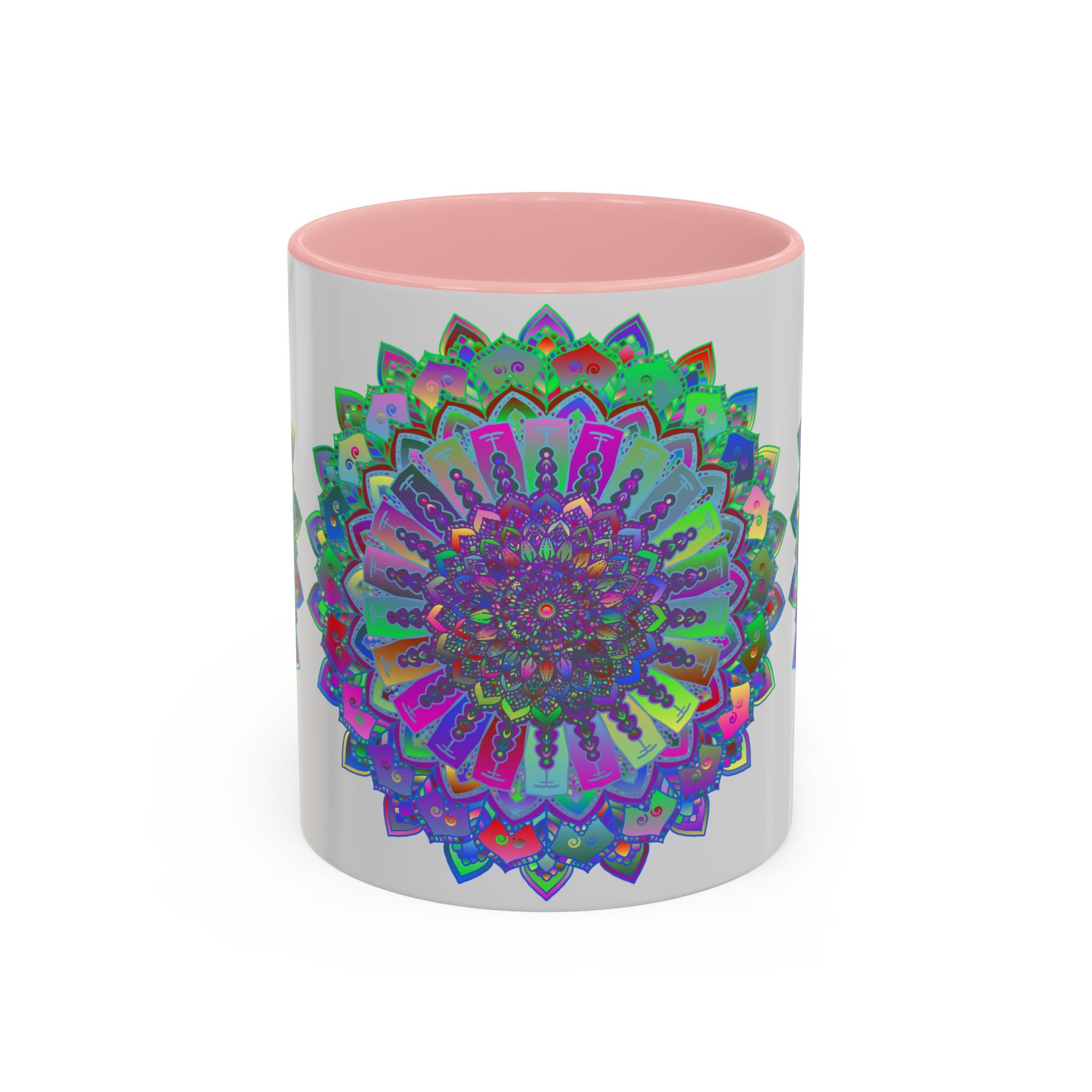 Beautiful mandala art mug featuring intricate patterns and colorful details