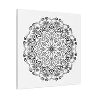 A stunning handmade mandala art piece in black and white, printed on high-quality matte canvas and stretched to 125 inches