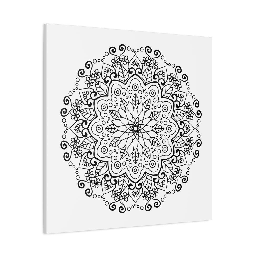 A stunning handmade mandala art piece in black and white, printed on high-quality matte canvas and stretched to 125 inches