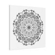 A stunning handmade mandala art piece in black and white, printed on high-quality matte canvas and stretched to 125 inches