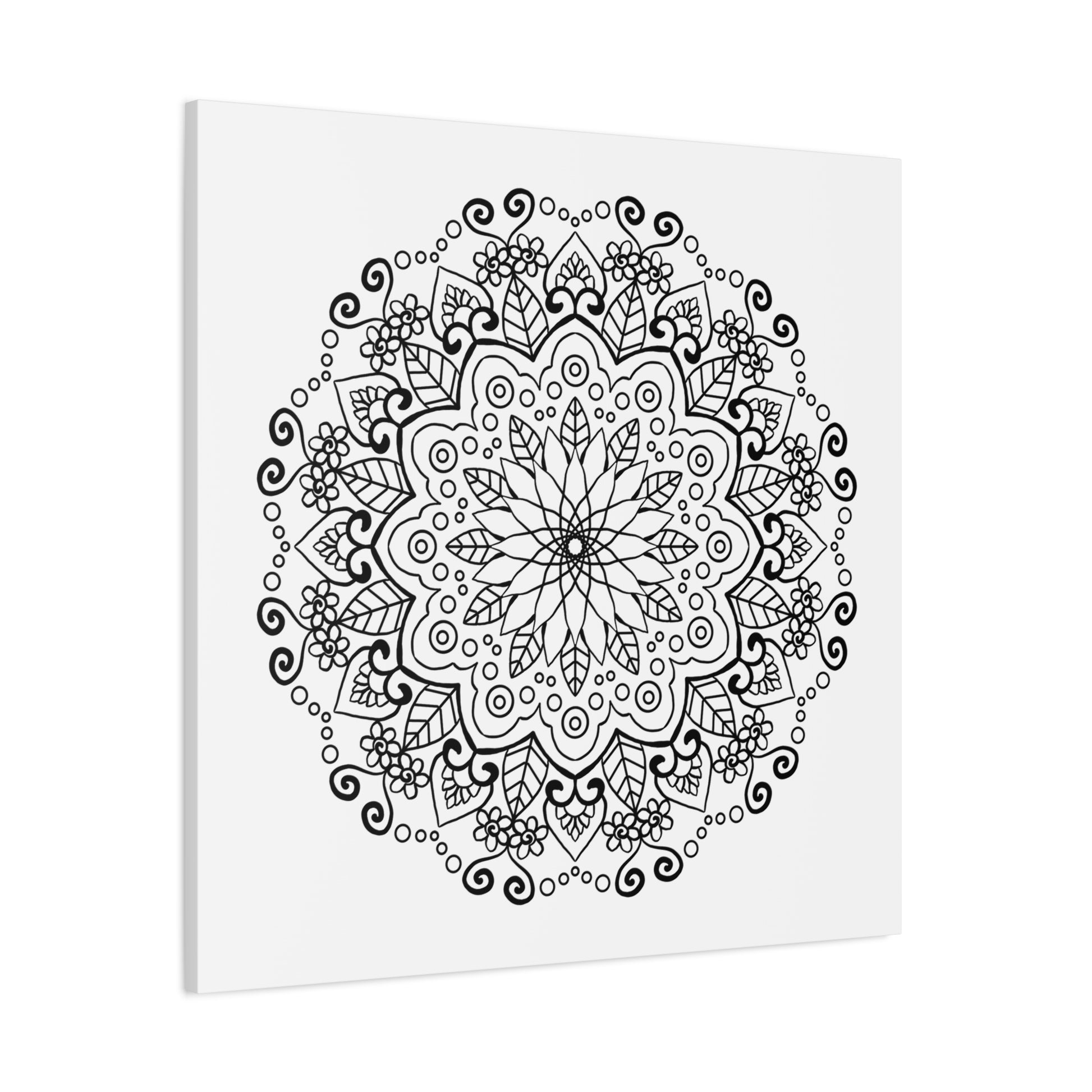 A stunning handmade mandala art piece in black and white, printed on high-quality matte canvas and stretched to 125 inches