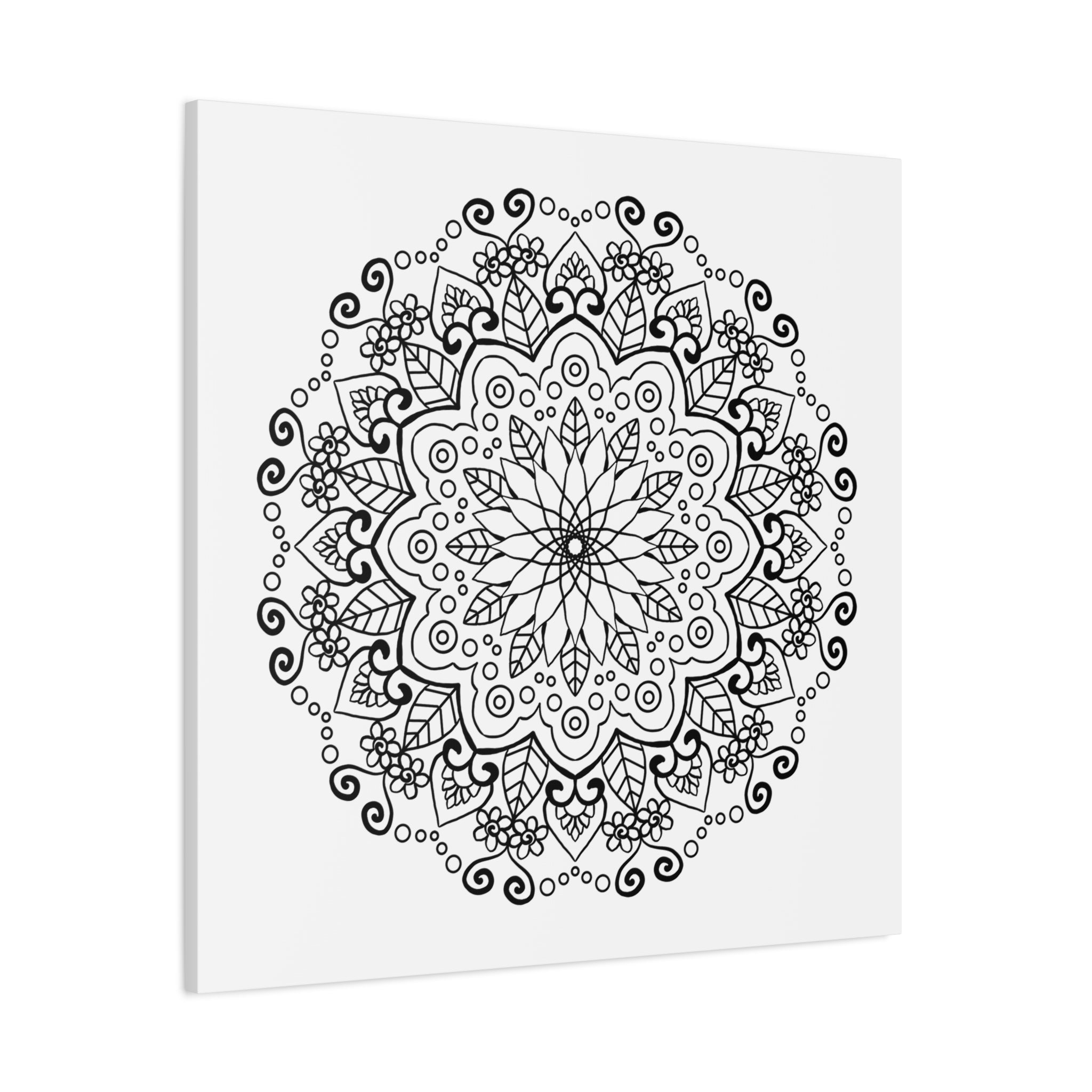 A stunning handmade mandala art piece in black and white, printed on high-quality matte canvas and stretched to 125 inches