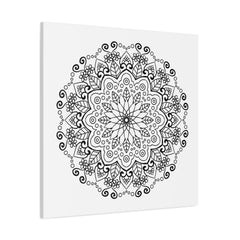A stunning handmade mandala art piece in black and white, printed on high-quality matte canvas and stretched to 125 inches
