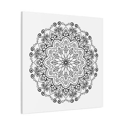 A stunning handmade mandala art piece in black and white, printed on high-quality matte canvas and stretched to 125 inches