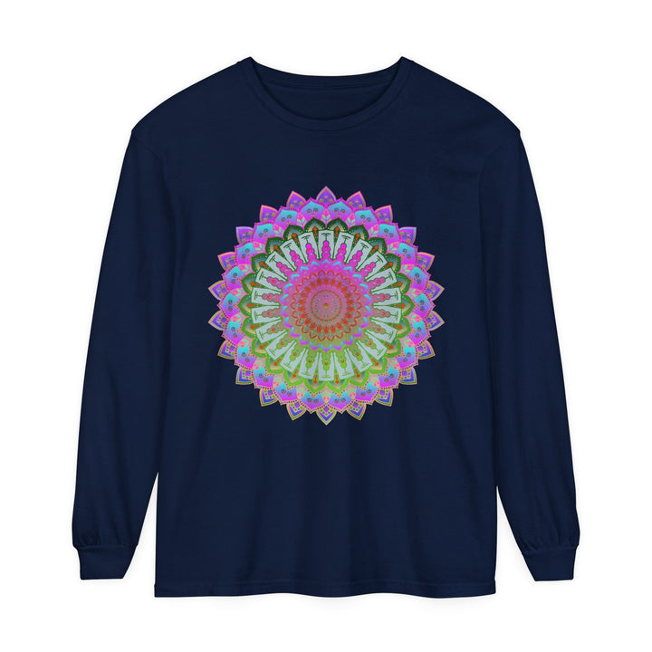 Colorful and intricate mandala design on a unisex long sleeve T-shirt