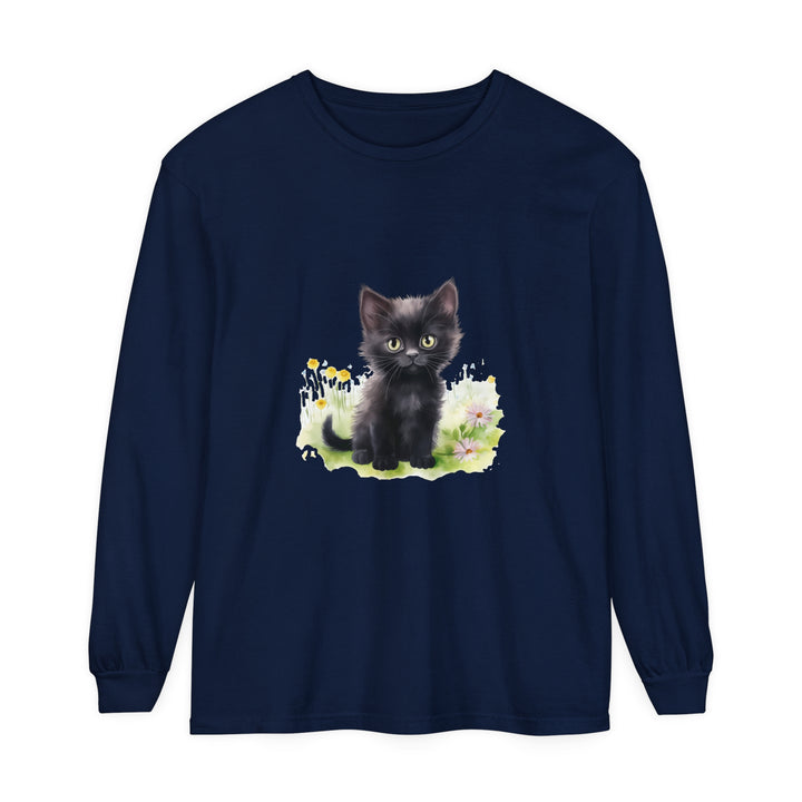 A black kitten with bright green eyes sitting in a colorful flower garden, printed on a long sleeve t-shirt