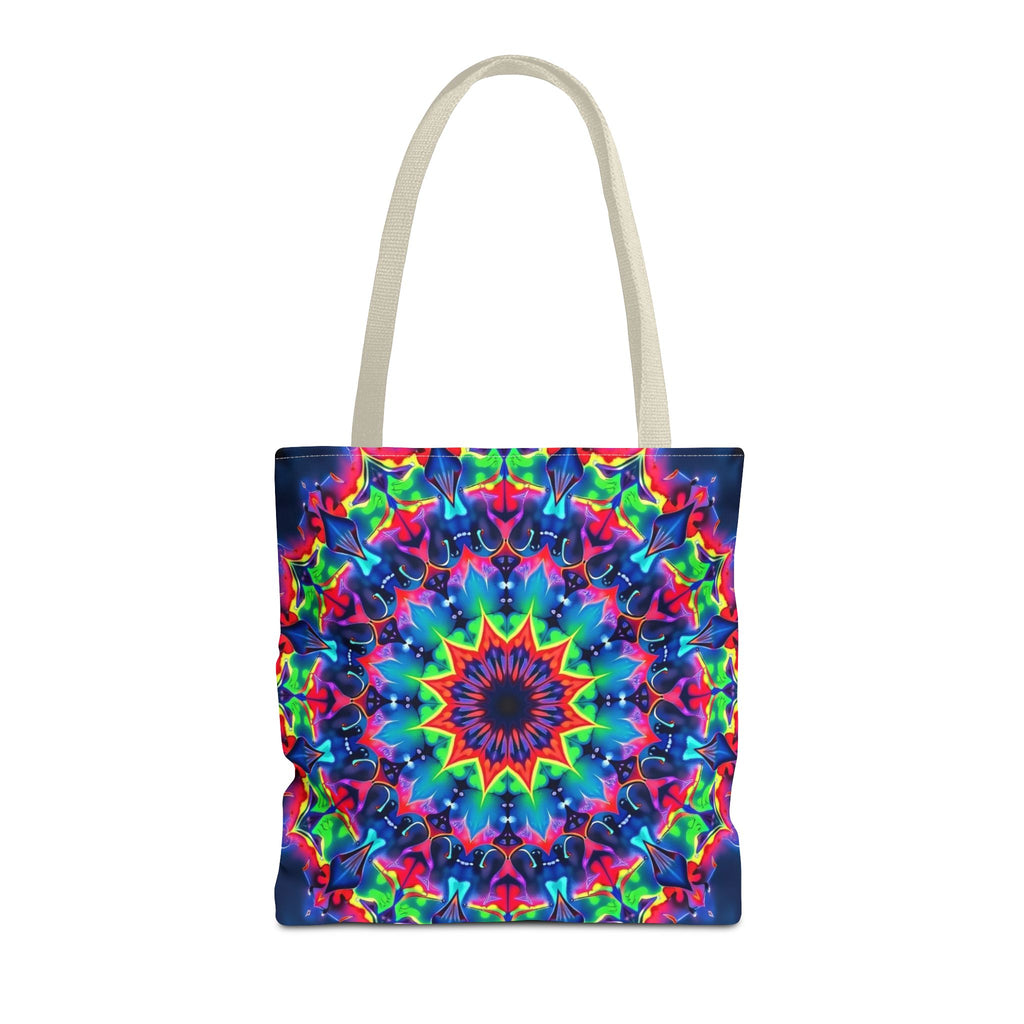 Colorful and intricate psychedelic mandala design tote bag for bohemian style lovers