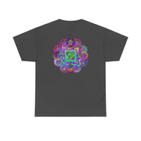 Colorful mandala art design on a yoga mindfulness themed unisex heavy cotton tee