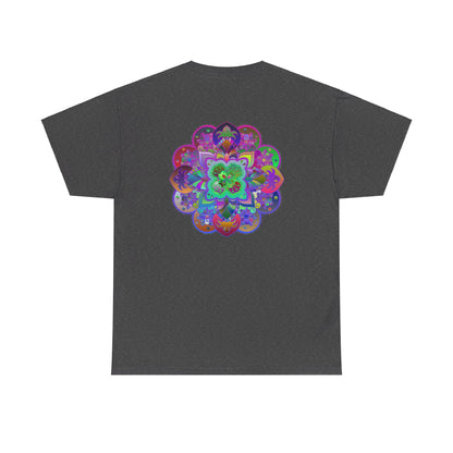 Colorful mandala art design on a yoga mindfulness themed unisex heavy cotton tee