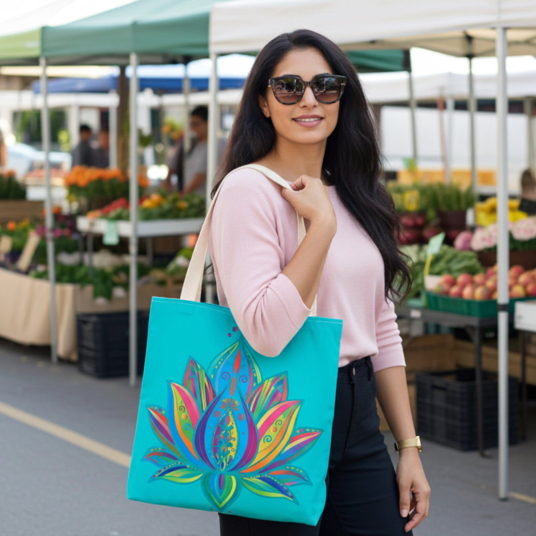 Sky Lotus Tote Bag - Azure Blue Floral Shoulder Bag for Women