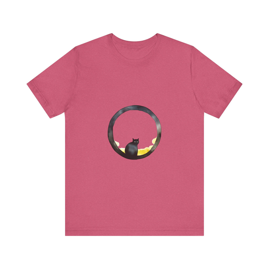 A black cat with glowing eyes sits in front of a large moon, printed on a whimsical style tee