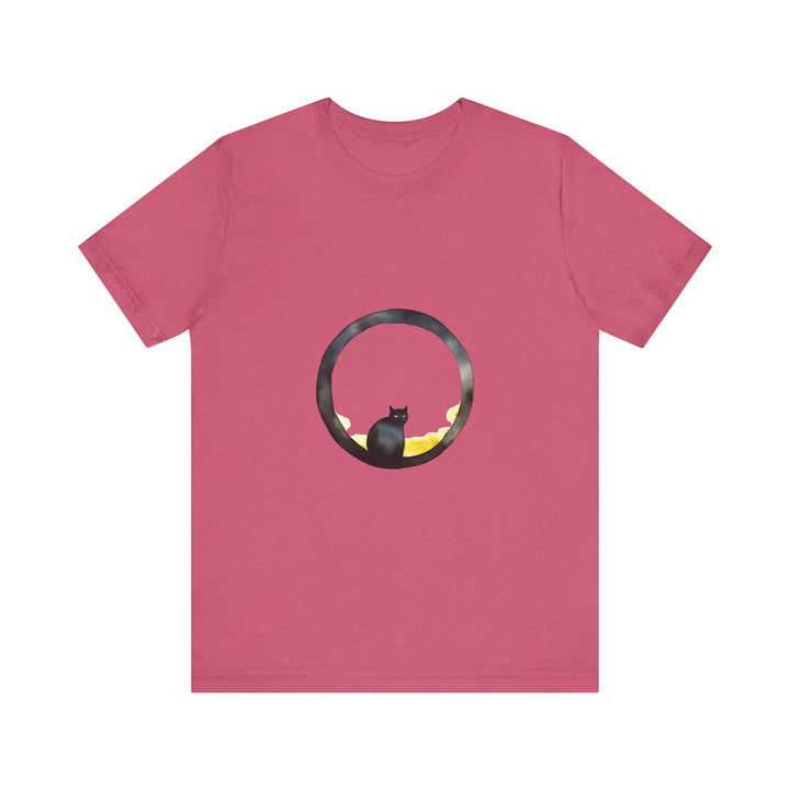 A black cat with glowing eyes sits in front of a large moon, printed on a whimsical style tee