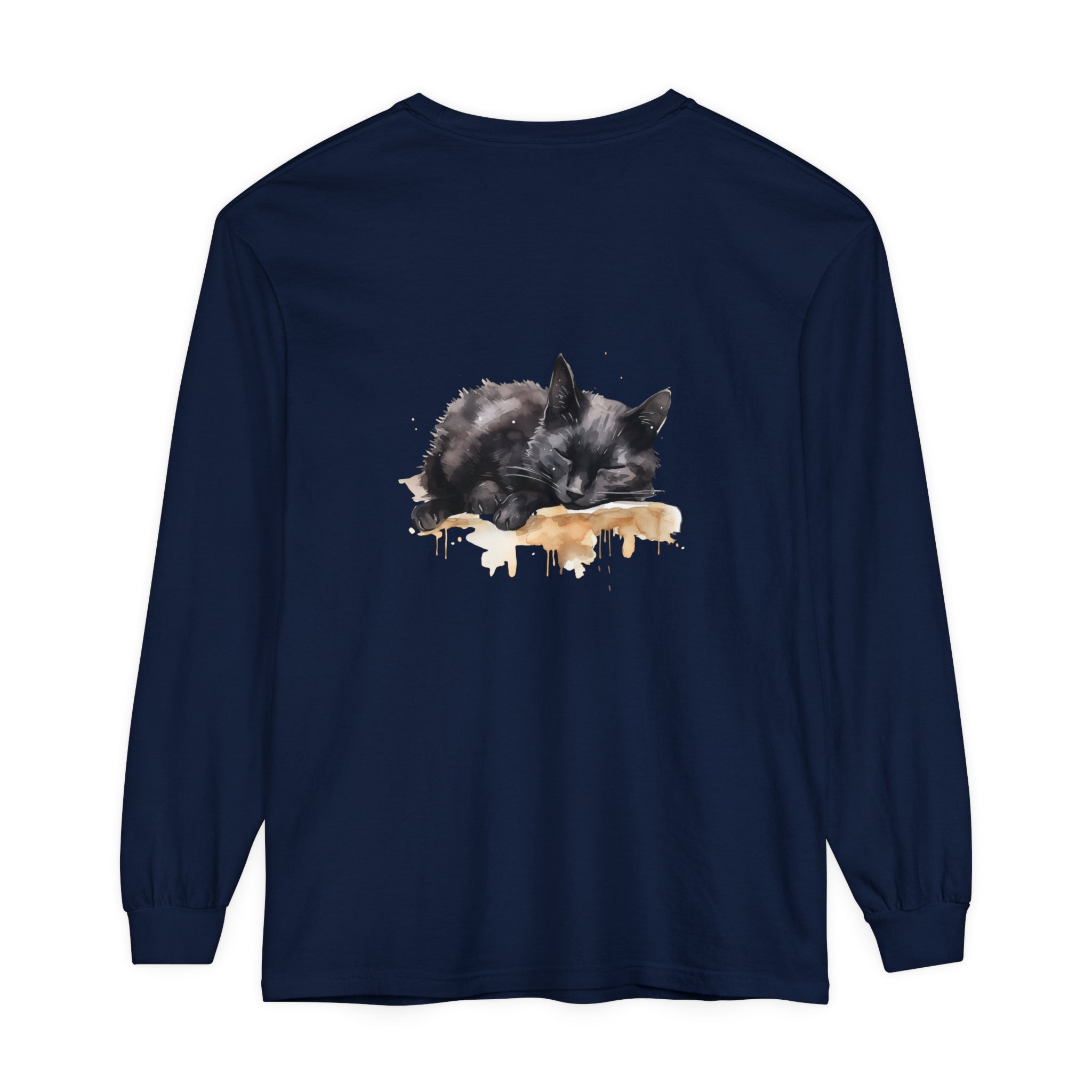 Adorable black cat sleeping peacefully in a watercolor design on a comfortable t-shirt