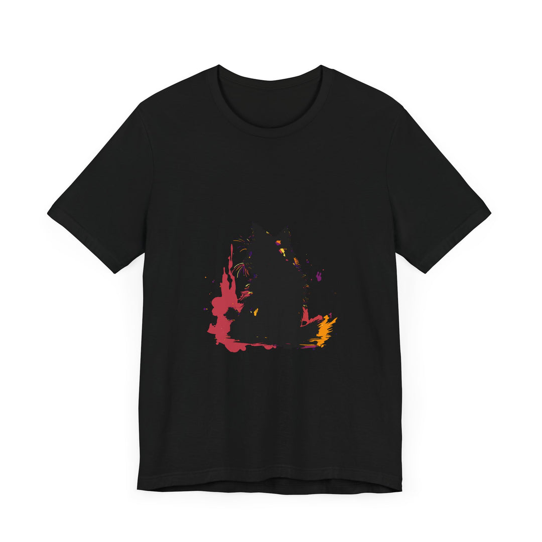 A close-up image of a black cat mystery t-shirt featuring colorful splatter art design, perfect for cat lovers and fans of unique graphic tees