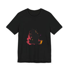 A close-up image of a black cat mystery t-shirt featuring colorful splatter art design, perfect for cat lovers and fans of unique graphic tees