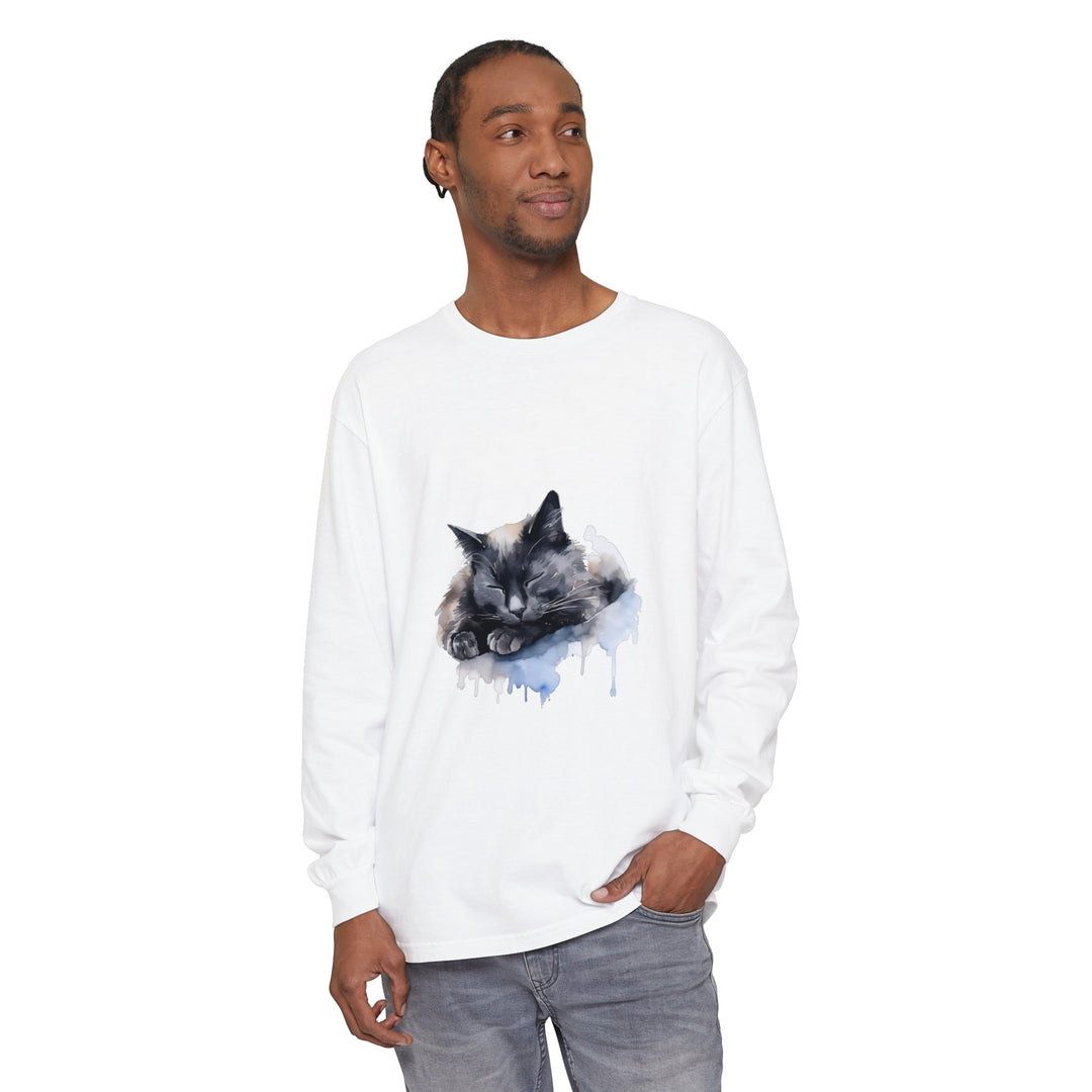 A beautiful watercolor painting of a sleeping cat on a t-shirt