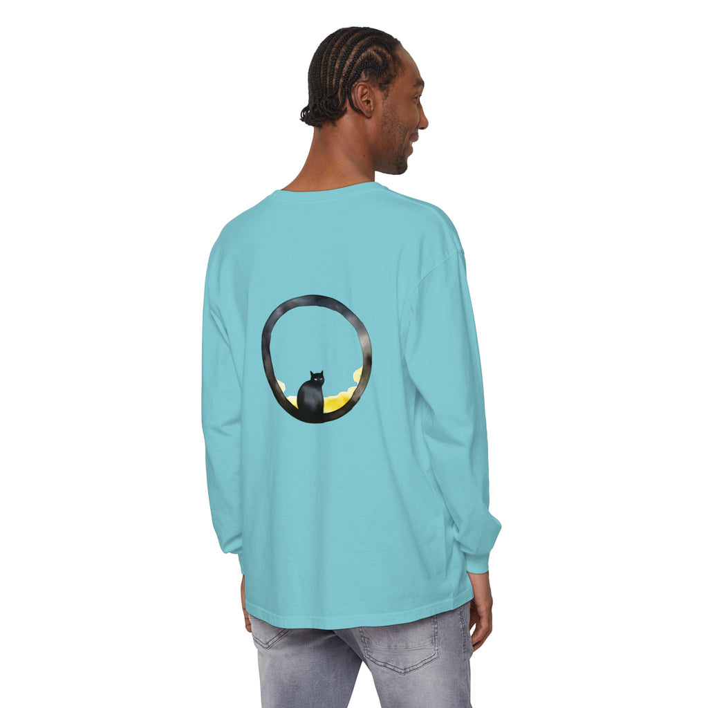 Black Cat Moon Glow Long Sleeve T-Shirt featuring a stunning feline design against a moonlit backdrop, perfect for adding a touch of mystery and style to your wardrobe