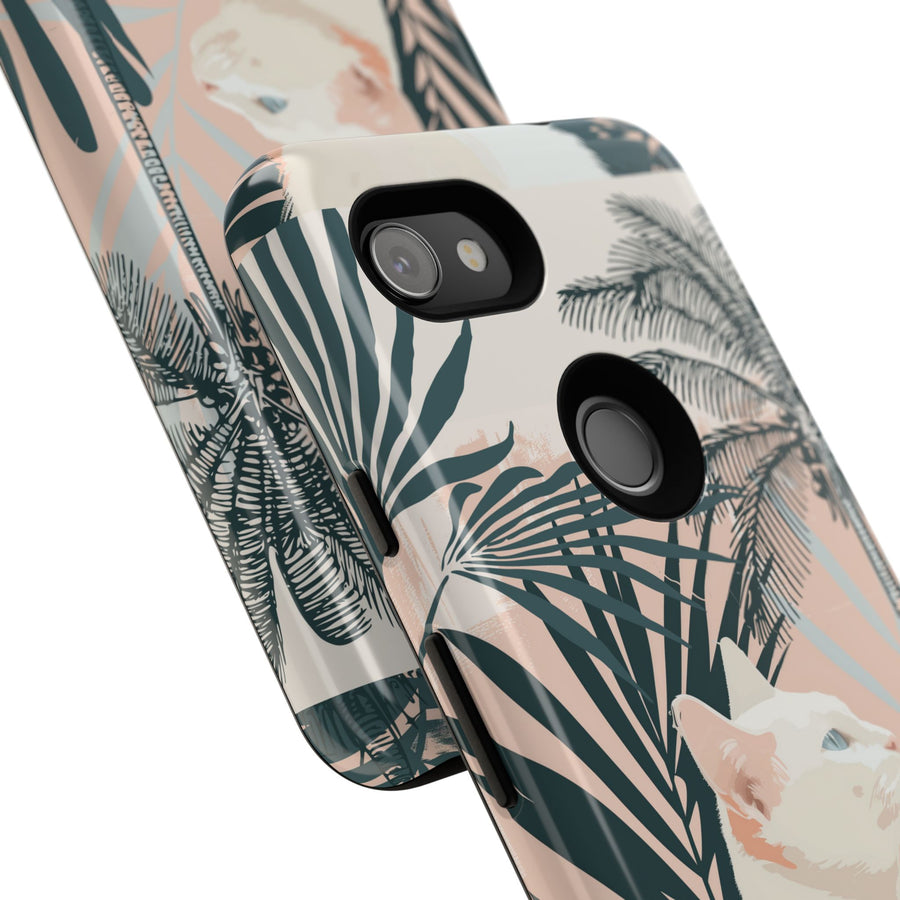 Tropical Cat Phone Case with Lush Palm Motifs and Soft Pastels