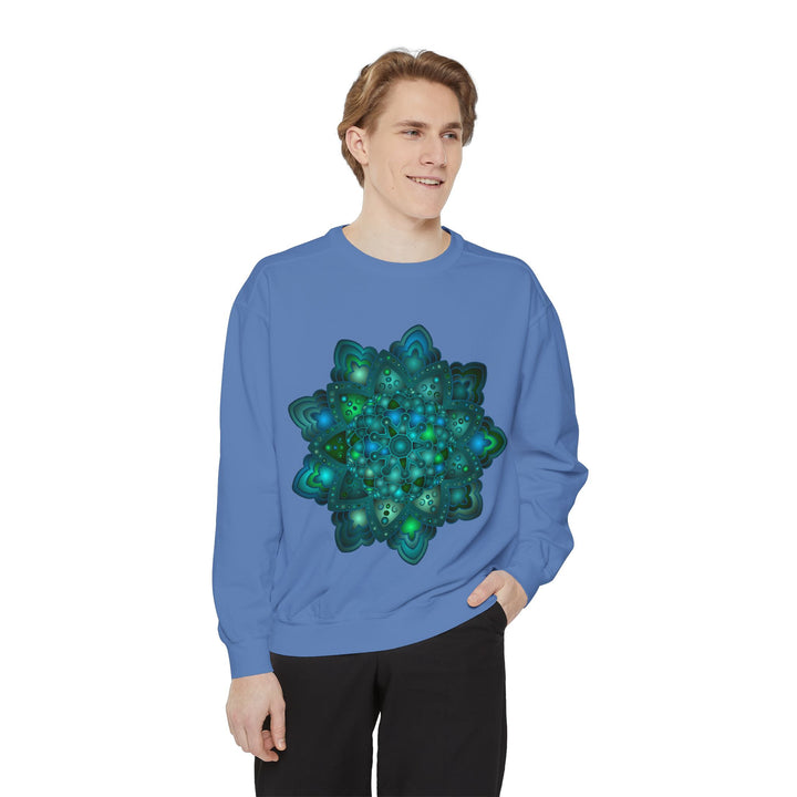 Intricate blue and green mandala sweatshirt with detailed floral pattern design