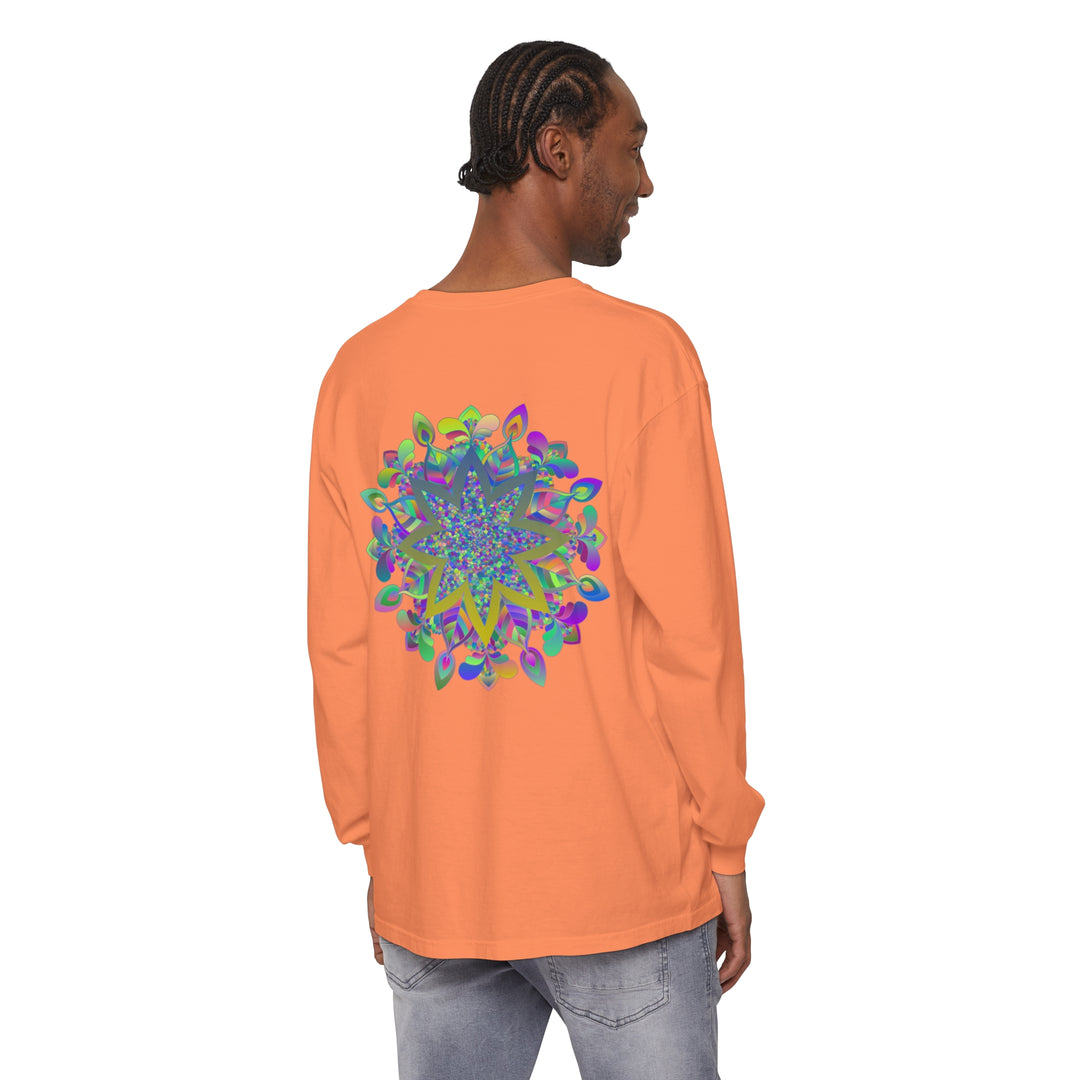 Colorful, intricate mandala design on unisex long sleeve t-shirt