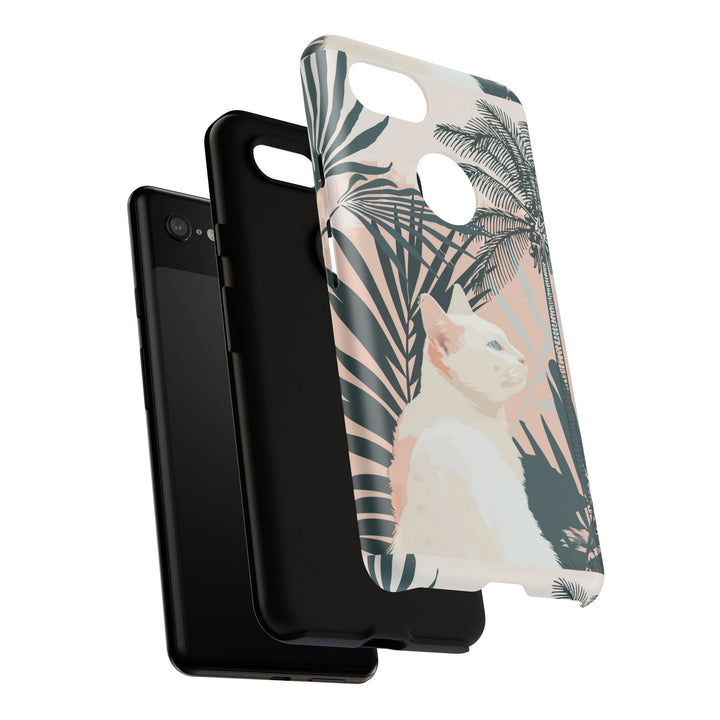 Tropische Katzen-Telefonhülle mit üppigen Palmenmotiven und sanften Pastelltönen