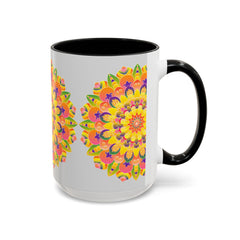 Close up of colorful mandala mug with bohemian art design and vibrant colors