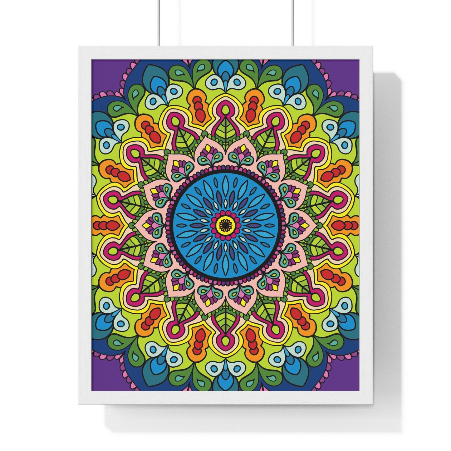 Beautiful mandala art poster hand-drawn with intricate details for mindfulness and yoga practice, framed and displayed vertically