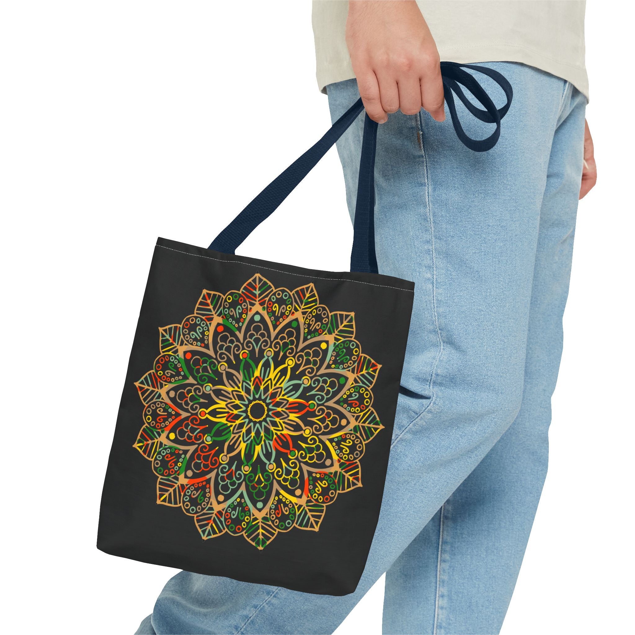 A vibrant and intricate hand-drawn mandala art tote bag with all-over print design