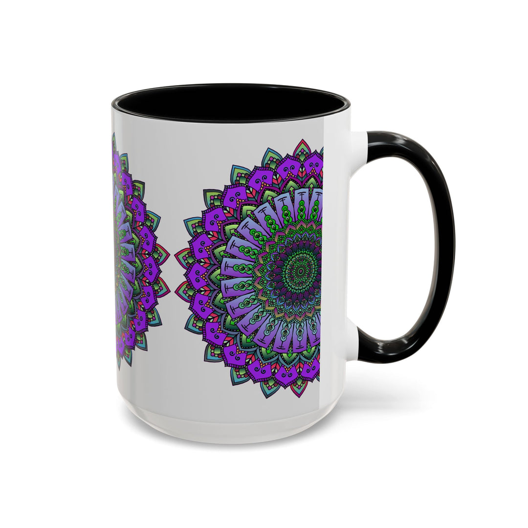 A colorful ceramic mug with a vibrant mandala design, featuring spiritual art