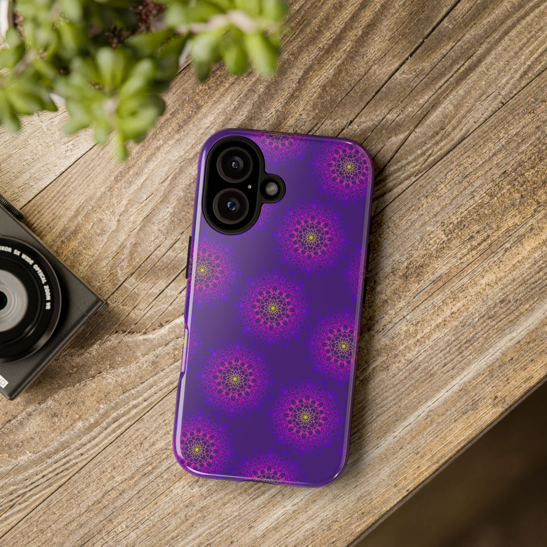 Intricate Purple Floral iPhone Case with Bold Mandala Design