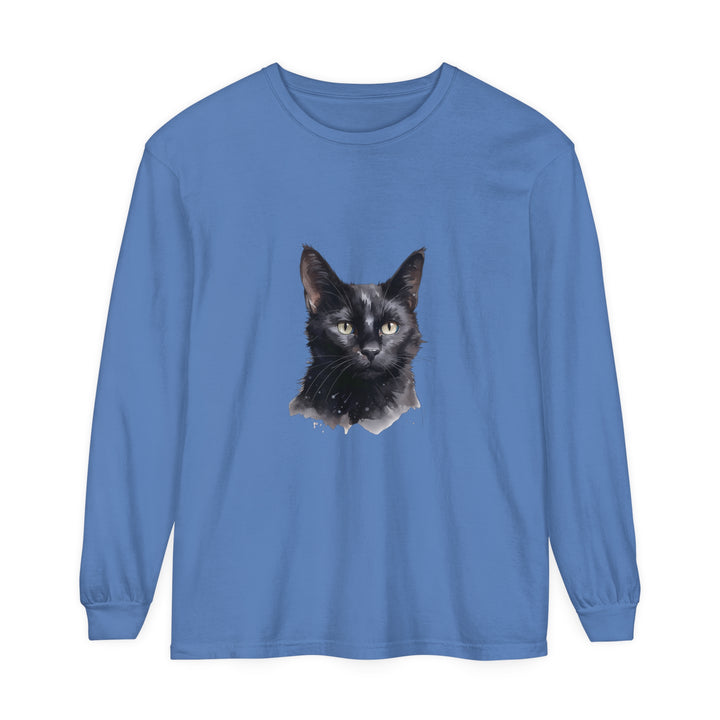 Black Cat Watercolor Unisex Long Sleeve T-Shirt showcasing a unique watercolor design of a black cat against a vibrant background